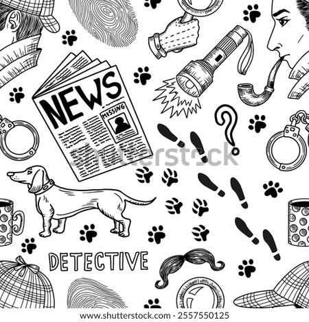 Seamless pattern with cartoon detective and crime discovery symbols - spy, newspaper, trained dog, footsteps. Vector line art illustration with engraved retro objects and elements on white