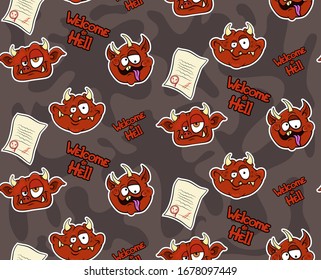 Seamless pattern with cartoon devils and the inscription welcome to hell. vector on a dark background. Stock illustration