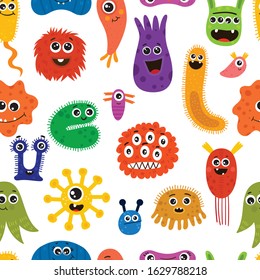 Seamless pattern with cartoon different characters of microorganisms. Funny backdrop of bacterias, protists, microbes,viruses . Bright colored flat vector illustration isolated on background