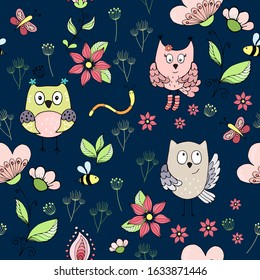 Seamless pattern with cartoon different colored owls,, butterfly and bee on a blue background. All elements are editable. Vector illustration.
