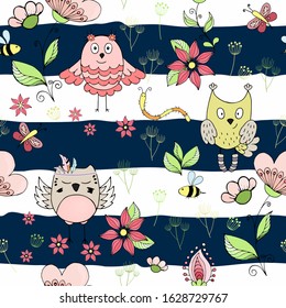 Seamless pattern with cartoon different owls, colors, butterfly and bee on a striped background. All elements are editable. Vector illustration.