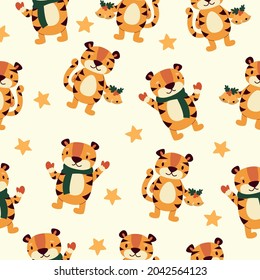 Seamless pattern with cartoon different tigers on a beige background. Vector flat illustration.