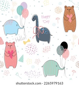 seamless pattern with cartoon dino, elephants, bears, balloons,  decor elements. Festive colorful vector, flat style. hand drawing. happy Birthday. kids design for print, wrappers