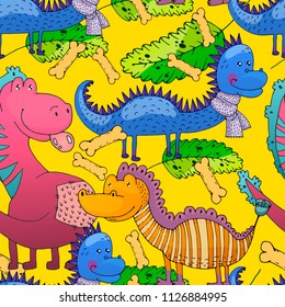 Seamless Pattern Cartoon Dinosaur Character. Colorful hand drawn vector stock illustration.