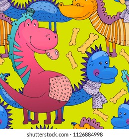 Seamless Pattern Cartoon Dinosaur Character. Colorful hand drawn vector stock illustration.