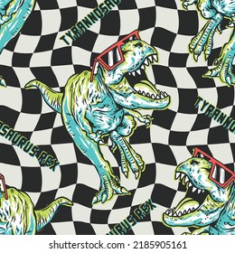 Seamless pattern of a cartoon Dinosaur with checkers background elements