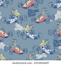 Seamless pattern of a cartoon dinosaur driving race car. For Boys t-shirt.