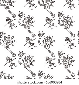 Seamless pattern with a cartoon dinosaur and a hunter