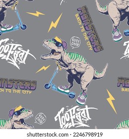 Seamless pattern of a cartoon dinosaur riding scooter with sunglasses  and typography background elements.