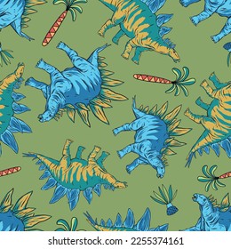 Seamless pattern of a cartoon dinosaur with tree.For boys t shirt.