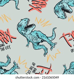 Seamless pattern of a Cartoon Dinosaur and typography background elements