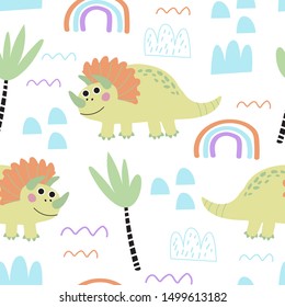 Seamless pattern with cartoon dinosaur. Vector illustration for printing on fabric, Wallpaper, dishes, postcard, picture, bedding, children's products. Cute baby background.
