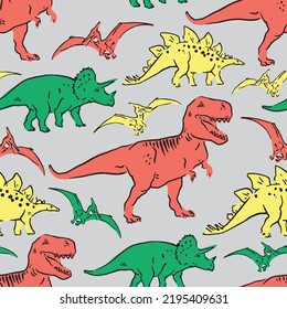 Seamless pattern of a cartoon dinosaurs background elements