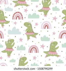 Seamless pattern with cartoon dinosaurs ballerinas, clouds, stars and rainbows on white background .