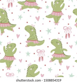 Seamless pattern with cartoon dinosaurs ballerinas.