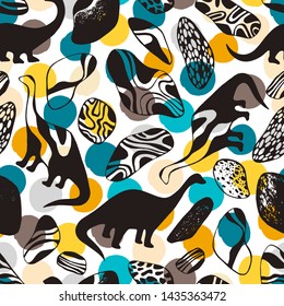 Seamless pattern with cartoon dinosaurs. For cards, party, banners, and children room decoration.