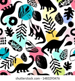 Seamless pattern with cartoon dinosaurs. For cards, party, banners, and children room decoration.
