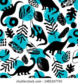 Seamless pattern with cartoon dinosaurs. For cards, party, banners, and children room decoration.