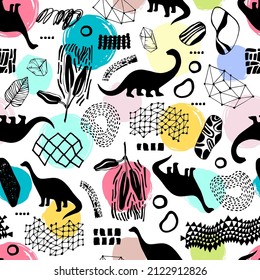 Seamless pattern with cartoon dinosaurs. For cards, party, banners, and children room decoration.