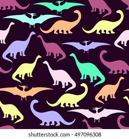 Seamless pattern with cartoon dinosaurs. For cards, party, banners, and children room decoration.