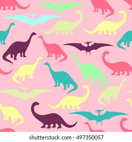 Seamless pattern with cartoon dinosaurs. For cards, party, banners, and children room decoration.