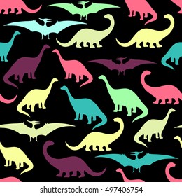 Seamless pattern with cartoon dinosaurs. For cards, party, banners, and children room decoration.