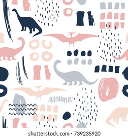 Seamless pattern with cartoon dinosaurs. For cards, party, banners, and children room decoration.