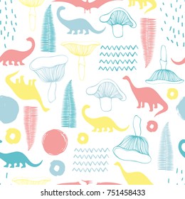 Seamless pattern with cartoon dinosaurs. For cards, party, banners, and children room decoration.