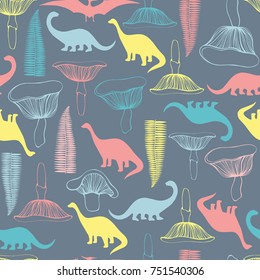 Seamless pattern with cartoon dinosaurs. For cards, party, banners, and children room decoration.