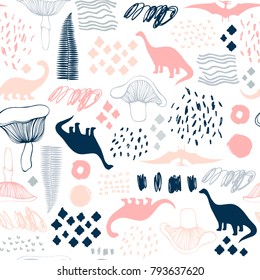 Seamless pattern with cartoon dinosaurs. For cards, party, banners, and children room decoration.