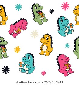 Padrão contínuo de personagem de dinossauros desenhos animados
