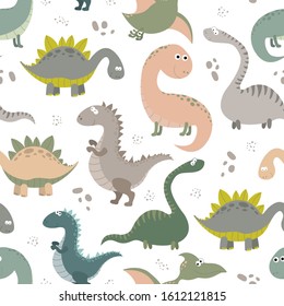 Seamless pattern with cartoon dinosaurs. Childish Dino vector illustration.