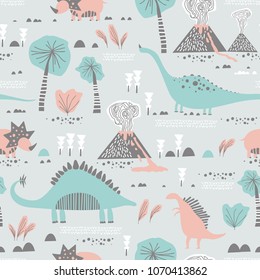 Seamless pattern with cartoon dinosaurs. Creative nursery background. Perfect for kids design, fabric, wrapping, wallpaper, textile, apparel
