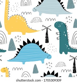 seamless pattern with cartoon dinosaurs, decor elements. Colorful vector flat style for kids. Animals. hand drawing. baby design for fabric, print, wrapper, textile