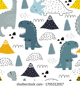 seamless pattern with cartoon dinosaurs, decor elements. Colorful vector flat style for kids. Animals. hand drawing. baby design for fabric, print, wrapper, textile