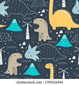 seamless pattern with cartoon dinosaurs, decor elements on a neutral background. Colorful vector flat style for kids. Animals. hand drawing. baby design for fabric, print, wrapper, textile