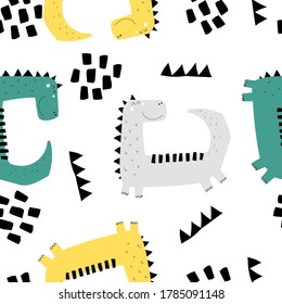seamless pattern with cartoon dinosaurs, decor elements. Colorful vector flat style for kids. Animals. hand drawing. baby design for fabric, print, wrapper, textile