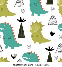 seamless pattern with cartoon dinosaurs, decor elements. Colorful vector flat style for kids. Animals. hand drawing. baby design for fabric, print, wrapper, textile