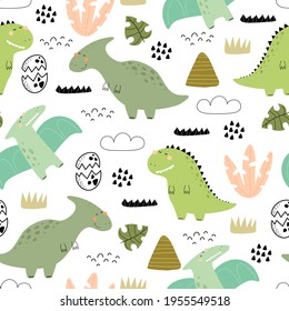 seamless pattern with cartoon dinosaurs, decor elements. Colorful vector flat style for kids. Animals. hand drawing. baby design for fabric, print, wrapper, textile