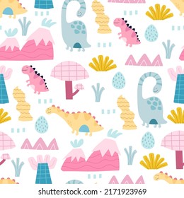 seamless pattern with cartoon dinosaurs, decor elements. Colorful vector flat style for kids. Animals. hand drawing. baby design for fabric, print, wrapper, textile
