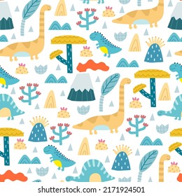 seamless pattern with cartoon dinosaurs, decor elements. Colorful vector flat style for kids. Animals. hand drawing. baby design for fabric, print, wrapper, textile