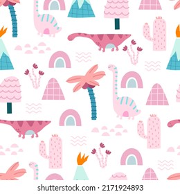 seamless pattern with cartoon dinosaurs, decor elements. Colorful vector flat style for kids. Animals. hand drawing. baby design for fabric, print, wrapper, textile