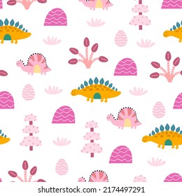 seamless pattern with cartoon dinosaurs, decor elements. Colorful vector flat style for kids. Animals. hand drawing. baby design for fabric, print, wrapper, textile