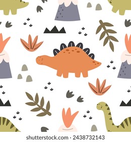 patrón sin fisuras con dinosaurios de dibujos animados, elementos de decoración. Colorido vector estilo plano para los niños. Animales. dibujo a mano. diseño del bebé para la tela, impresión, envoltura, textil
