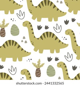 seamless pattern with cartoon dinosaurs, decor elements. Colorful vector flat style for kids. Animals. hand drawing. baby design for fabric, print, wrapper, textile