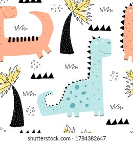 Seamless pattern with cartoon dinosaurs, decoration elements. Colorful vector flat style for kids. Animals. hand drawing. baby design for fabric, print, wrapper, textile