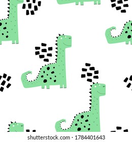 Seamless pattern with cartoon dinosaurs, decoration elements. Colorful vector flat style for kids. Animals. hand drawing. baby design for fabric, print, wrapper, textile