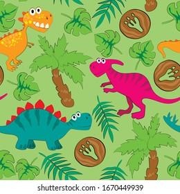 Seamless pattern of cartoon dinosaurs. Hand drawn vector illustration. Print design for children’s t-shirts, fabrics, sweatshirts.  
 Diplodocus, Triceratops, palm leaves, cute elements. 