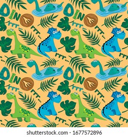 Seamless pattern of cartoon dinosaurs. Hand drawn vector illustration. Print design for children’s t-shirts, fabrics, sweatshirts.  
 Diplodocus, Triceratops, palm leaves, cute elements. 