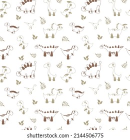 Seamless pattern with cartoon dinosaurs and leaves. Vector illustration with cute children characters. For wallpaper, print, fabric, textile, kids room decor.